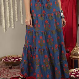 Varanga Blue & Red Printed Tiered Skirt With Pom Pom Detailing-picture-23