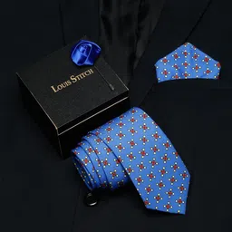 LOUIS STITCH Men Blue Printed Necktie Italian Silk Accessory Gift Set-picture-33