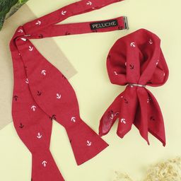 Peluche Men Red Anchor Print Open Bow Tie & Pocket Square Set-picture-45