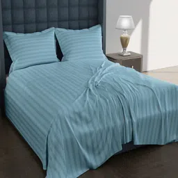 AVI Turquoise Striped 250 TC Egyptian Cotton King Bedsheet with 2 Pillow Covers-image-11