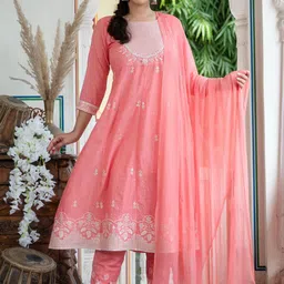 Kesarya Women Pink Embroidered Empire Sequinned Pure Cotton Kurta with Trouser & Dupatta-picture-33