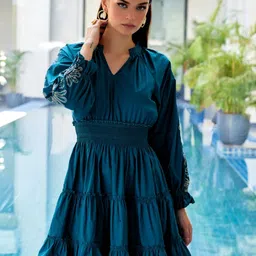 Style Island Embroidered Smocked Tiered Cotton Mini Fit & Flare Dress-picture-22