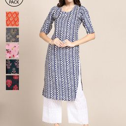 7threads KALINI Women Multicoloured Ethnic Motifs Printed Flared Sleeves Mirror Work Block Print Crepe Kurta-picture-0