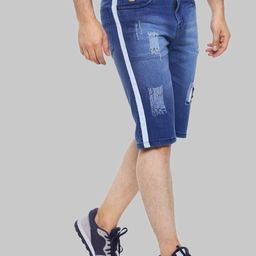 Campus Sutra Men Blue Side Striped Mildly Distressed Washed Cotton Denim Shorts-picture-41