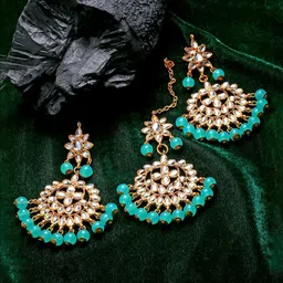 ZENEME Blue Pearl Studded Handcrafted Kundan Maang Tika and Matching Earring Jewellery-picture-11
