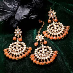 ZENEME Orange Gold-Plated Kundan & Pearl Studded Handcrafted Maang Tika & Earrings Set-picture-37
