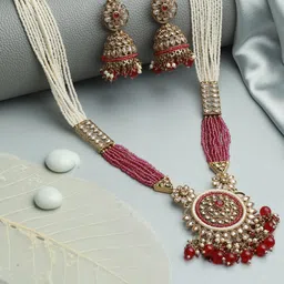 Jazz and Sizzle Gold-Plated & Magenta Kundan Stone-Studded Jewellery Set-picture-20