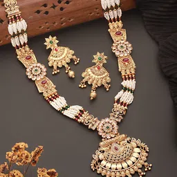 Saraf RS Jewellery Gold Plated Stones Studded & BeadedFiligree Long Maala Jewellery Set-picture-50