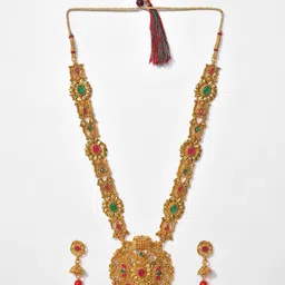 SOHI Gold-Plated Red Stone-Studded & Pearl Beaded  Meenakari Jewellery Set-picture-19