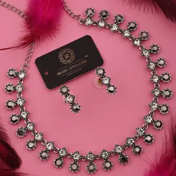 Brado Jewellery Oxidised Silver-Plated AD-Studded Necklace & Earrings Set-picture-21