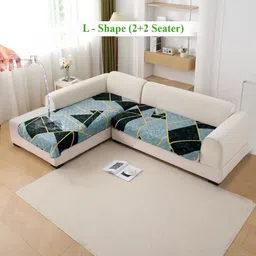 HOKIPO Blue & Black 2 Pc Abstract Geometry Printed Waterproof 4 Seater Sofa Seat Cover Mat image 1