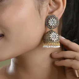 Anouk Stainless Steel Gold Plated Artificial Beads Dome Shaped Jhumkas image 5