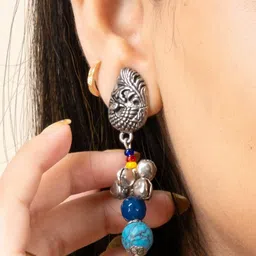 Look and Adorn German Silver-Plated Turquoise & Onyx Beaded Peacock Shaped Drop Earrings image 4