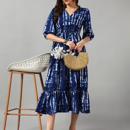 Krunal Raiyani Women Dyed Puff Sleeve Fit and Flare Midi Dress-image-80