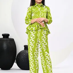 JAANYA Girls Abstract Printed Shirt Collar Cotton Top & Trousers-image-7