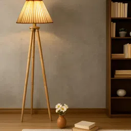 Devansh White & Brown Wooden & Cotton Frustum Shaped Floor Lamp image 4