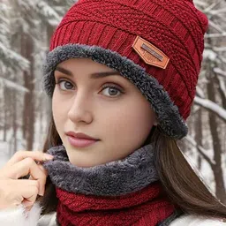 Nicsy Unisex Thermal Soft Warm Winter Woolen Cap & Neck Scarf image 5
