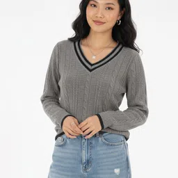 glitchez Self Design Cable Knit V-Neck Cardigan with Contrasting Edges-picture-21