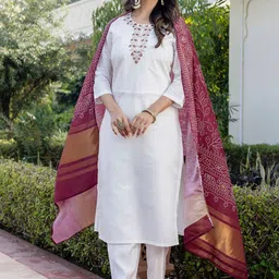 Navlik Floral Yoke Design Thread Work Straight Kurta with Trouser & Dupatta-image-77