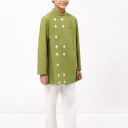 SPUNKIES Boys Olive Green Embroidered Thread Work Cotton Linen Asymmetrical Kurta Set image 5