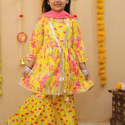 misbis Girls Floral Printed Gotta Patti Pure Cotton Anarkali Kurta With Sharara & Dupatta-picture-28