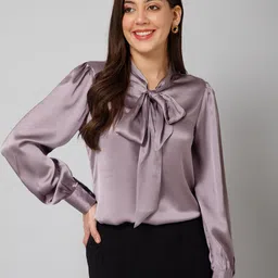 PURYS WORKSPACE Tie-Up Neck Satin Shirt Style Top-picture-22