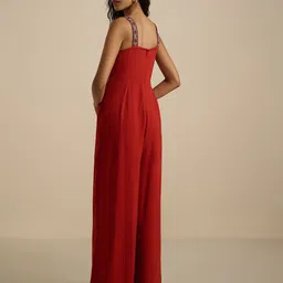 Global Desi Women Self Design Square Neck Jumpsuit with Embroidered image 3