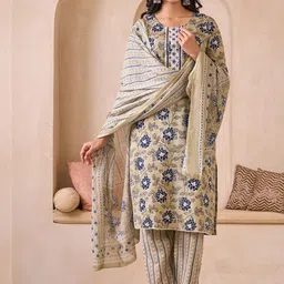 Sangria Embroidered Pure Cotton Round Neck Kurta & Trousers With Dupatta image 3