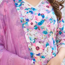 VIBE VISION Floral Printed V-Neck Straight Kurta With Trousers & Dupatta image 5