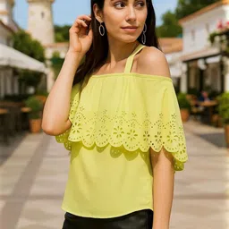 Moda Rapido Women Lime Green Solid Polyester Off-Shoulder Casual Top image 3