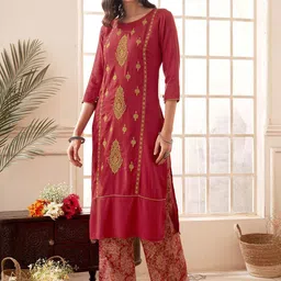 Anouk Floral Embroidered Regular Thread Work Straight Kurta with Palazzos image 4