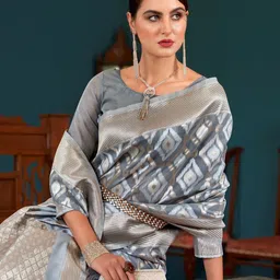 SWORNOF Woven Design Zari Pure Linen Banarasi Saree image 4