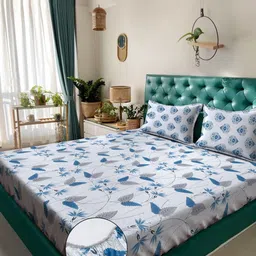 KLOTTHE Blue & White Floral Pure Cotton 400 TC Fitted Double King Bedsheet Set-2.5mX2.25m-image-70