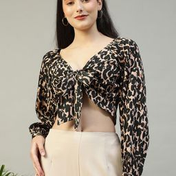 Oxolloxo Women Animal Print V-Neck Tie-knotted Dobby Meld Crop Top-picture-0