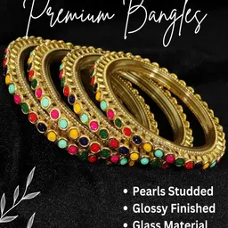 ZULKA Set of 4 Glass Golden Zircon Stones & Beads Work Bangles image 5