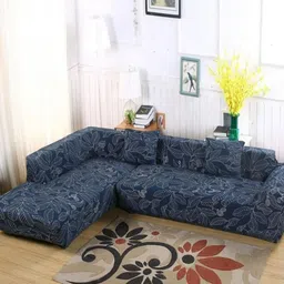 GIFTS ISLAND Blue & White 2 Pcs Printed L Shaped 6 Seater Sofa Cover With Arms image 3