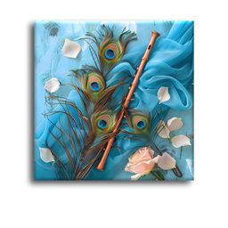 OLIVE TREE Blue & Green Religious Peacock Feather With Flute Canvas Wall Art-picture-49