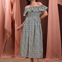 PURVAJA Floral Print Off-Shoulder Ruffled Fit & Flare Midi Dress-image-44