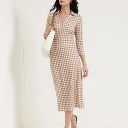 FableStreet Women Collared Houndsstooth Sheath Dress-picture-10