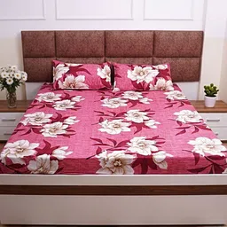 Adwitiya Collection Pink & White Floral 210 TC Queen Bedsheet with 2 Pillow Covers image 2