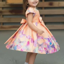 Sangria Girls Butterfly Printed Pure Cotton Round Neck Fit & Flare Knee Length Dress image 4