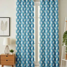 LUZDECOR White & Blue Floral Printed 2 Pieces Window Room Darkening Eyelet Curtains image 1