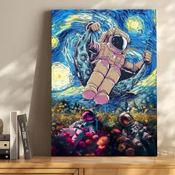 Myntra Elegant Homes Cream-Coloured & Blue Three Space Astronauts Canvas Wall Art image 5