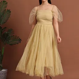 CORSICA Puff Sleeve Net Fit & Flare Midi Dress-picture-16