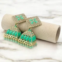 Stylewell Gold-Plated Rhinestone Studded & Beads Beaded Dome Shaped Jhumkas image 3