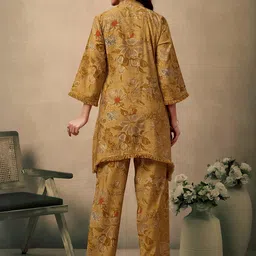 peachmode Mustard Floral Prints & Handcrafted Mirror Work Pure Cotton Co-Ord Set image 5