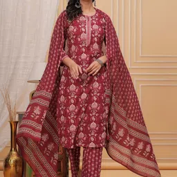 RANI PRINTS Women Floral Printed Regular Pure Cotton Kurta with Trousers & With Dupatta image 1
