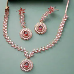 Anouk Red Rose Gold Plated American Diamond & Cubic Zirconia Stone Studded Jewellery Set-picture-11
