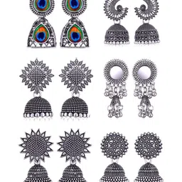 DIVASTRI Women Pack of 6 Geometric Oxidized Silver Jhumkas Earrings-image-81