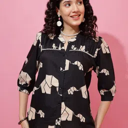 Honky Tonky Women Conversational Printed Mandarin Collar Shirt Style Top-picture-16